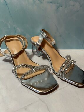 Silver Crystal-Embellished Block Heel Sandals - Women